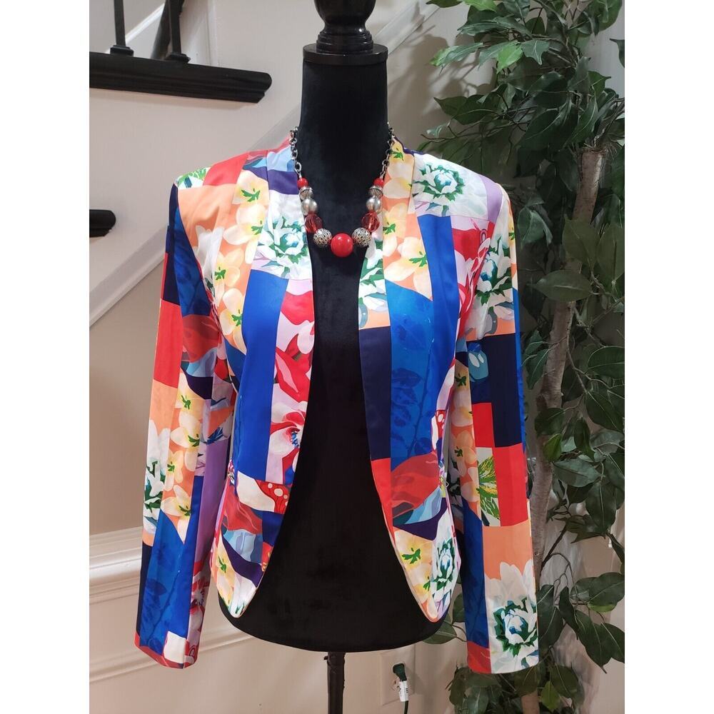 Women's Multicolor Floral Polyester Long Sleeve Open Front Jacket Blazer Size L